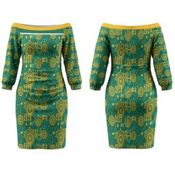 Australia Rugby Kangaroo Family Matching Off The Shoulder Long Sleeve Dress and Hawaiian Shirt Green Gold Aboriginal Dot Geometry