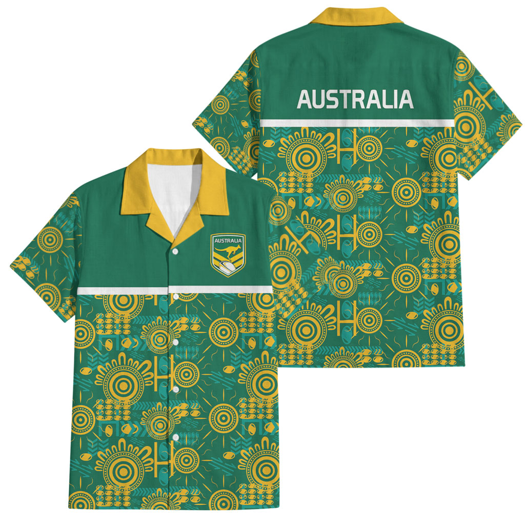 Australia Rugby Kangaroo Family Matching Off The Shoulder Long Sleeve Dress and Hawaiian Shirt Green Gold Aboriginal Dot Geometry