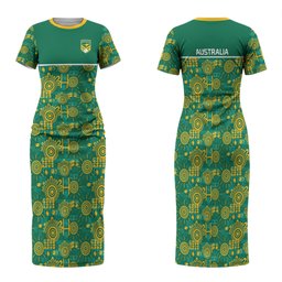 Australia Rugby Kangaroo Family Matching Short Sleeve Bodycon Dress and Hawaiian Shirt Green Gold Aboriginal Dot Geometry