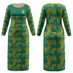 Australia Rugby Kangaroo Family Matching Long Sleeve Bodycon Dress and Hawaiian Shirt Green Gold Aboriginal Dot Geometry