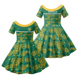 Australia Rugby Kangaroo Family Matching Off Shoulder Maxi Dress and Hawaiian Shirt Green Gold Aboriginal Dot Geometry