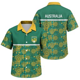 Australia Rugby Kangaroo Family Matching Off Shoulder Maxi Dress and Hawaiian Shirt Green Gold Aboriginal Dot Geometry