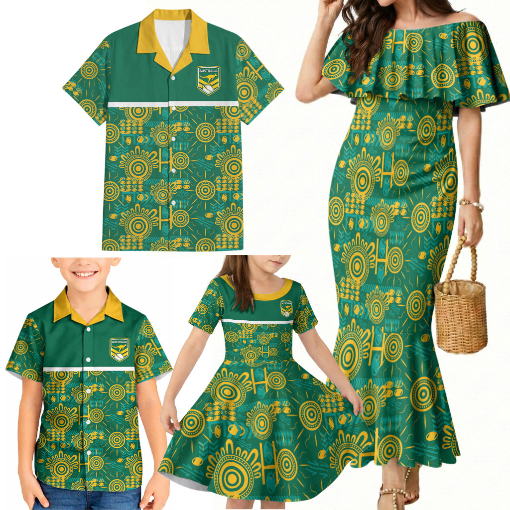Australia Rugby Kangaroo Family Matching Mermaid Dress and Hawaiian Shirt Green Gold Aboriginal Dot Geometry
