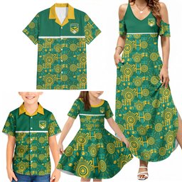 Australia Rugby Kangaroo Family Matching Summer Maxi Dress and Hawaiian Shirt Green Gold Aboriginal Dot Geometry