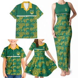 Australia Rugby Kangaroo Family Matching Tank Maxi Dress and Hawaiian Shirt Green Gold Aboriginal Dot Geometry
