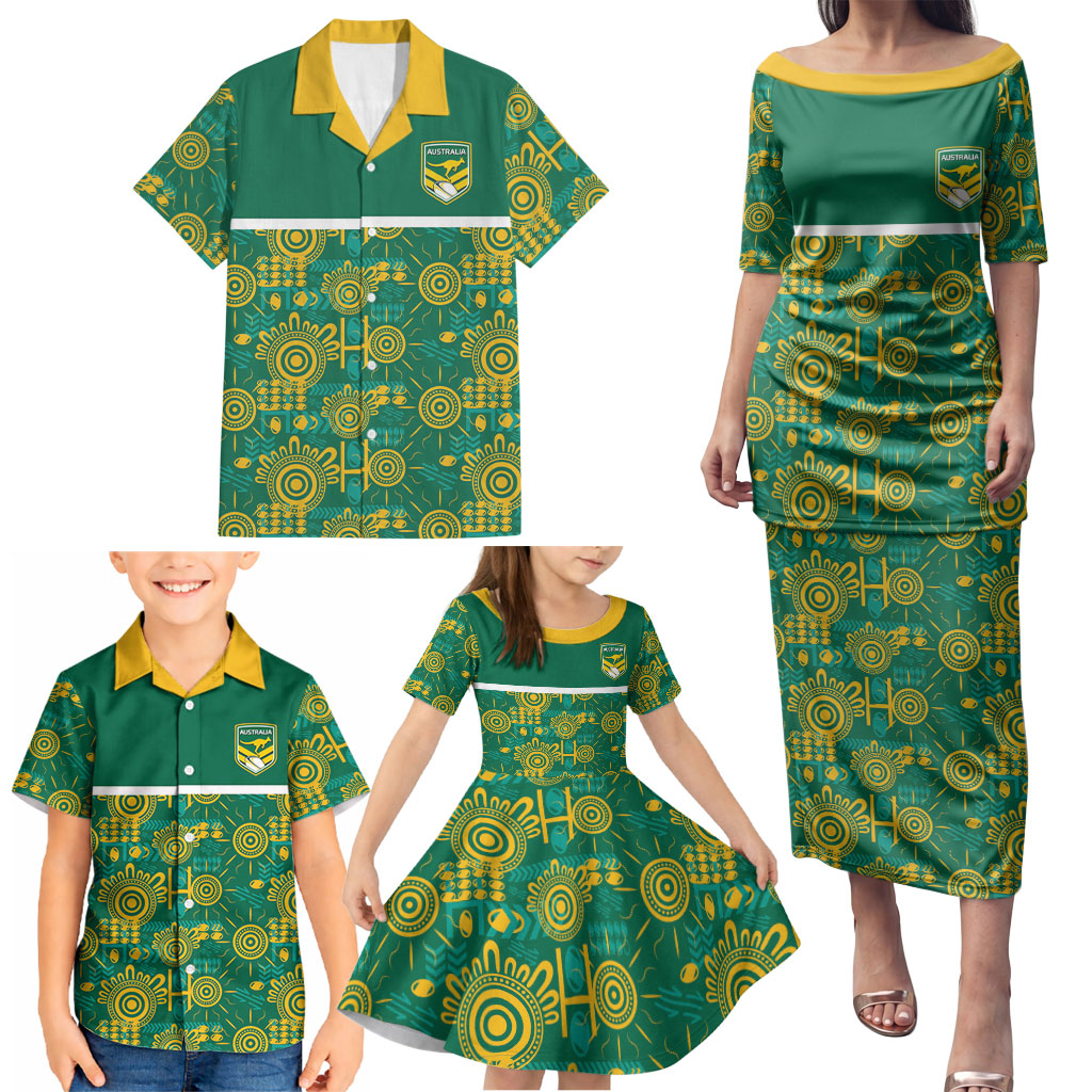 Australia Rugby Kangaroo Family Matching Puletasi and Hawaiian Shirt Green Gold Aboriginal Dot Geometry
