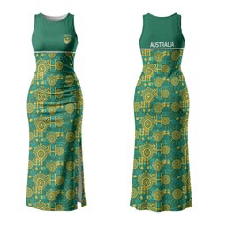 Australia Rugby Kangaroo Family Matching Tank Maxi Dress and Hawaiian Shirt Green Gold Aboriginal Dot Geometry