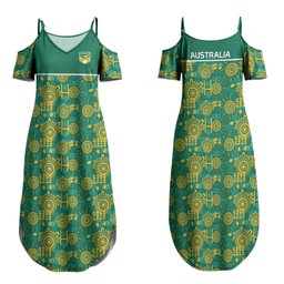Australia Rugby Kangaroo Family Matching Summer Maxi Dress and Hawaiian Shirt Green Gold Aboriginal Dot Geometry