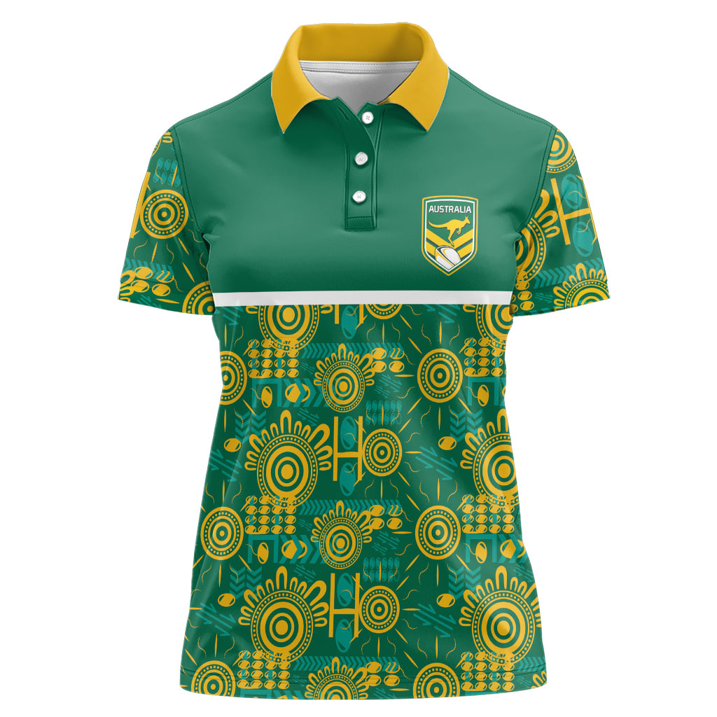 Australia Rugby Kangaroo Women Polo Shirt Green Gold Aboriginal Dot Geometry