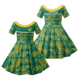 Australia Rugby Kangaroo Family Matching Mermaid Dress and Hawaiian Shirt Green Gold Aboriginal Dot Geometry