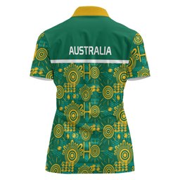 Australia Rugby Kangaroo Women Polo Shirt Green Gold Aboriginal Dot Geometry