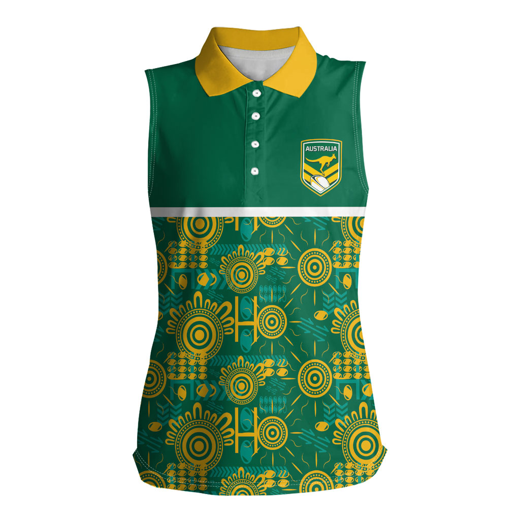 Australia Rugby Kangaroo Women Sleeveless Polo Shirt Green Gold Aboriginal Dot Geometry