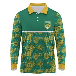 Australia Rugby Kangaroo Long Sleeve Polo Shirt Green Gold Aboriginal Dot Geometry