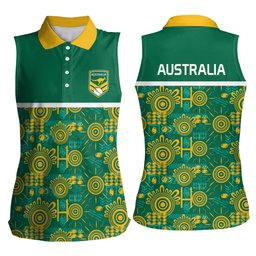 Australia Rugby Kangaroo Women Sleeveless Polo Shirt Green Gold Aboriginal Dot Geometry