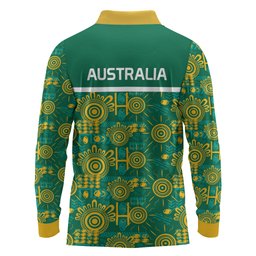Australia Rugby Kangaroo Long Sleeve Polo Shirt Green Gold Aboriginal Dot Geometry