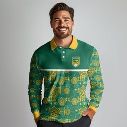 Australia Rugby Kangaroo Long Sleeve Polo Shirt Green Gold Aboriginal Dot Geometry