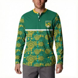 Australia Rugby Kangaroo Button Sweatshirt Green Gold Aboriginal Dot Geometry