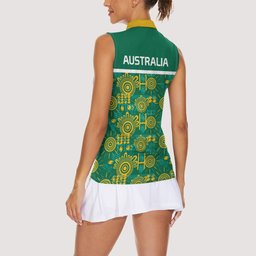 Australia Rugby Kangaroo Women Sleeveless Polo Shirt Green Gold Aboriginal Dot Geometry