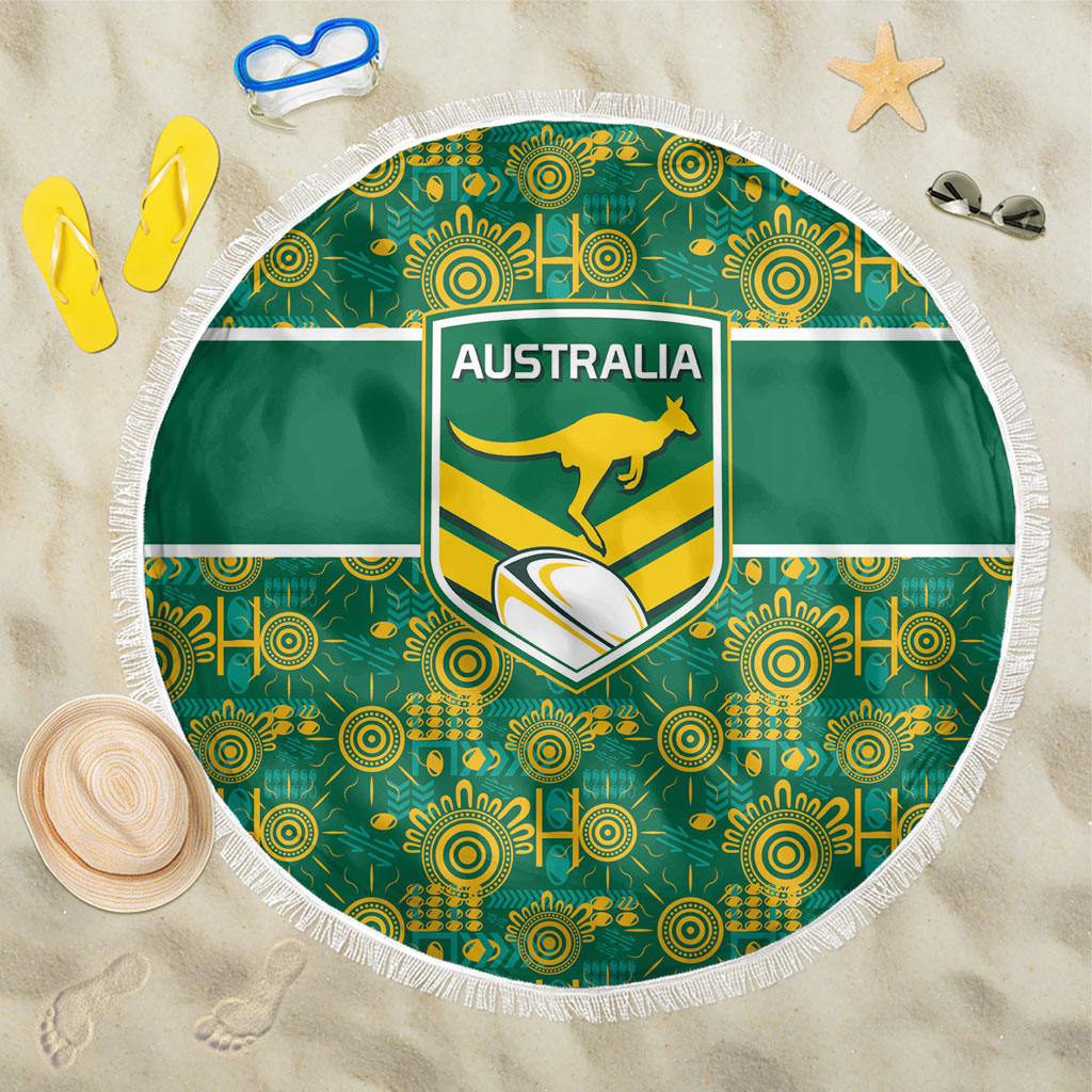 Australia Rugby Kangaroo Beach Blanket Green Gold Aboriginal Dot Geometry