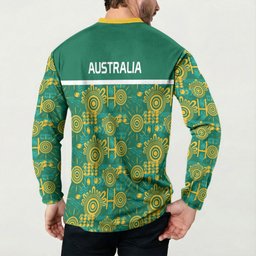 Australia Rugby Kangaroo Button Sweatshirt Green Gold Aboriginal Dot Geometry