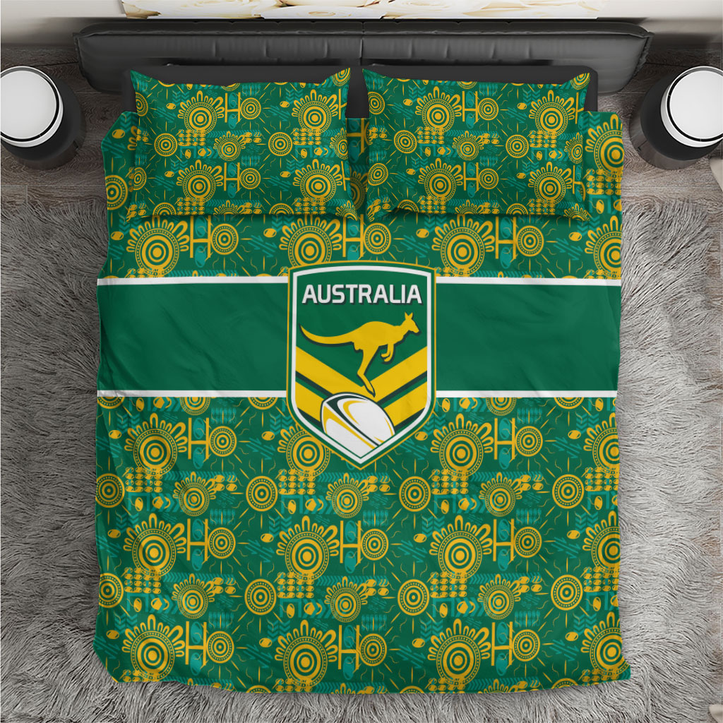 Australia Rugby Kangaroo Bedding Set Green Gold Aboriginal Dot Geometry