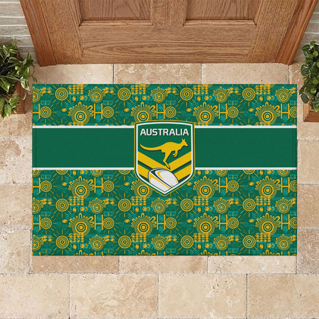Australia Rugby Kangaroo Rubber Doormat Green Gold Aboriginal Dot Geometry