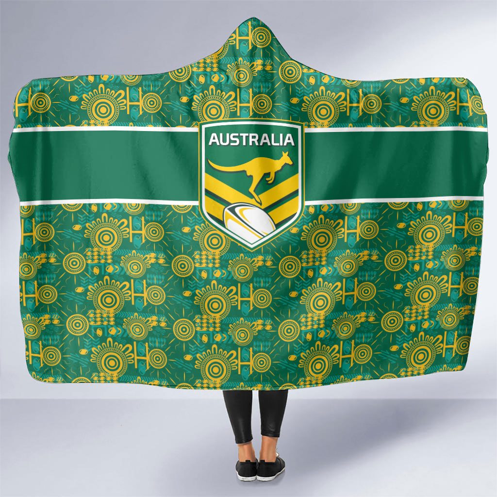 Australia Rugby Kangaroo Hooded Blanket Green Gold Aboriginal Dot Geometry