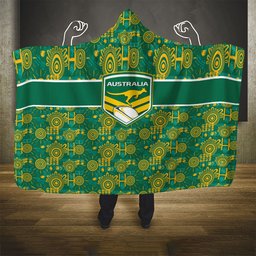 Australia Rugby Kangaroo Hooded Blanket Green Gold Aboriginal Dot Geometry