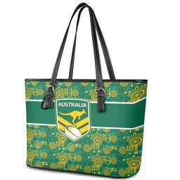 Australia Rugby Kangaroo Leather Tote Bag Green Gold Aboriginal Dot Geometry