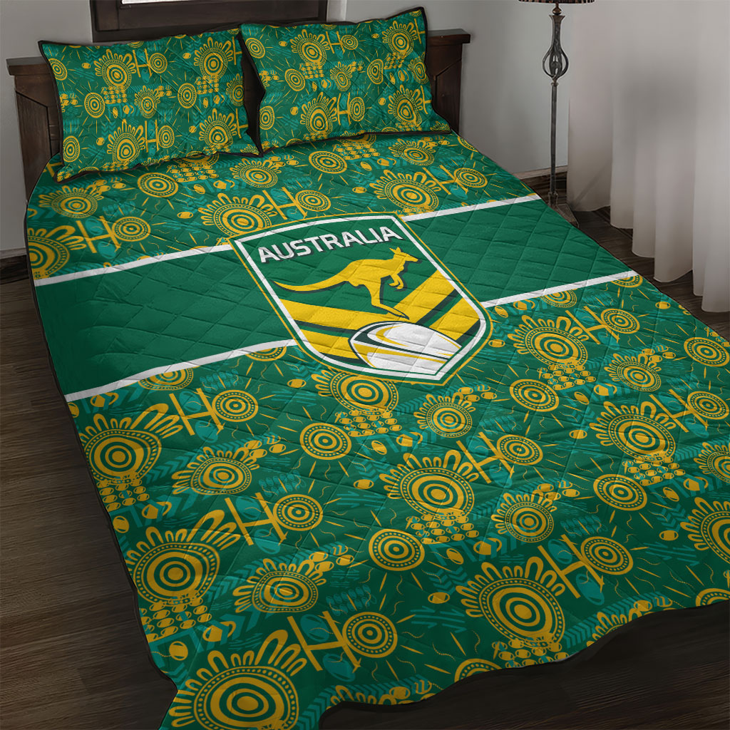 Australia Rugby Kangaroo Quilt Bed Set Green Gold Aboriginal Dot Geometry