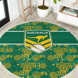 Australia Rugby Kangaroo Round Carpet Green Gold Aboriginal Dot Geometry