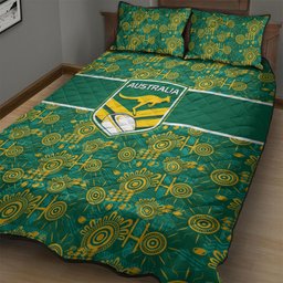 Australia Rugby Kangaroo Quilt Bed Set Green Gold Aboriginal Dot Geometry