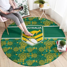 Australia Rugby Kangaroo Round Carpet Green Gold Aboriginal Dot Geometry