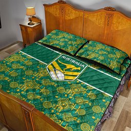 Australia Rugby Kangaroo Quilt Bed Set Green Gold Aboriginal Dot Geometry