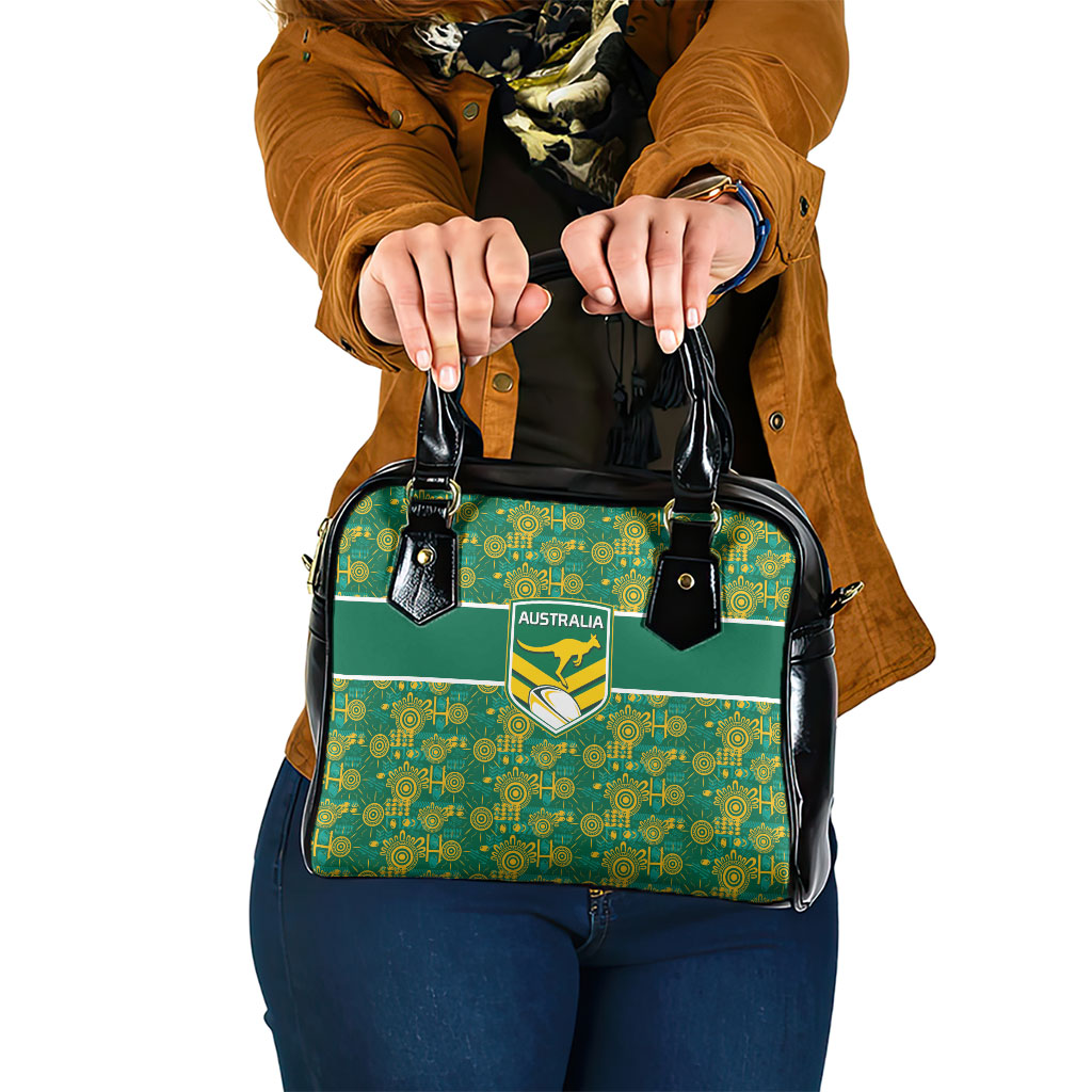 Australia Rugby Kangaroo Shoulder Handbag Green Gold Aboriginal Dot Geometry