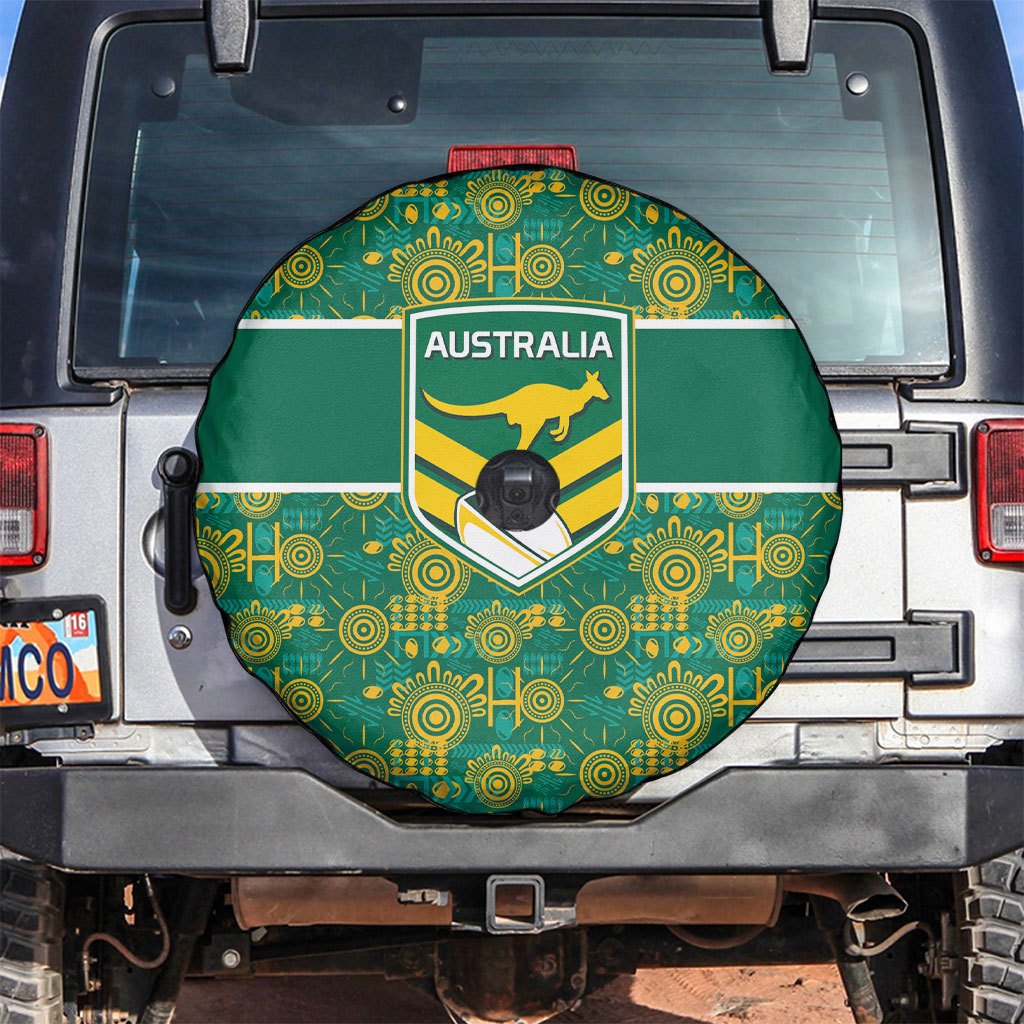 Australia Rugby Kangaroo Spare Tire Cover Green Gold Aboriginal Dot Geometry