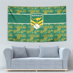 Australia Rugby Kangaroo Tapestry Green Gold Aboriginal Dot Geometry