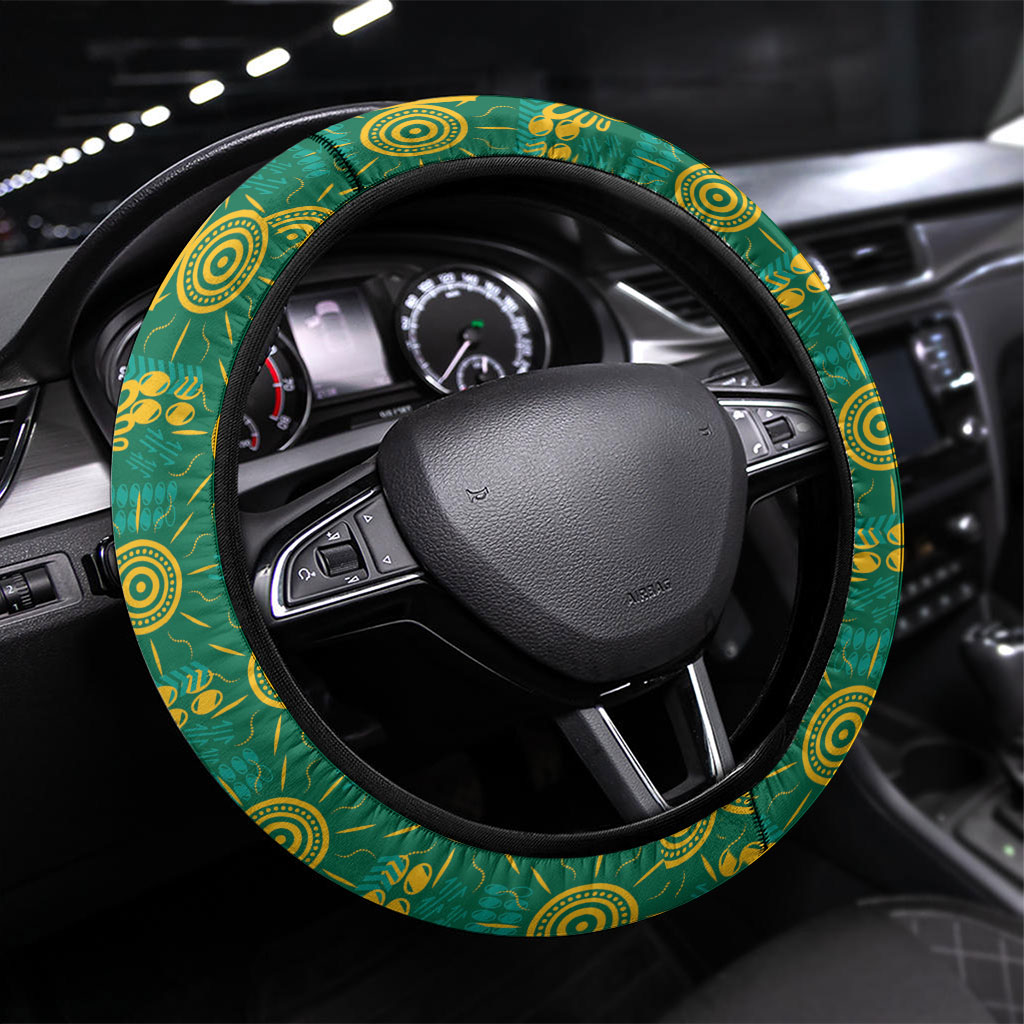 Australia Rugby Kangaroo Steering Wheel Cover Green Gold Aboriginal Dot Geometry