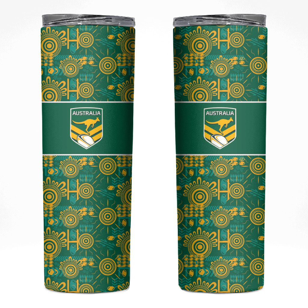 Australia Rugby Kangaroo Skinny Tumbler Green Gold Aboriginal Dot Geometry