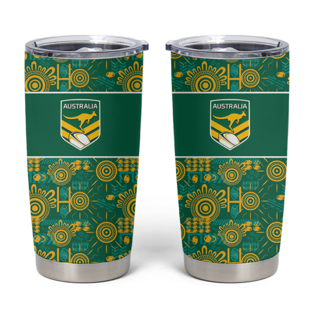 Australia Rugby Kangaroo Tumbler Cup Green Gold Aboriginal Dot Geometry