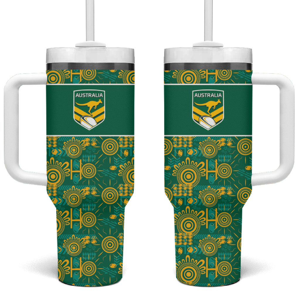 Australia Rugby Kangaroo Tumbler With Handle Green Gold Aboriginal Dot Geometry