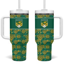 Australia Rugby Kangaroo Tumbler With Handle Green Gold Aboriginal Dot Geometry