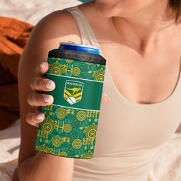 Australia Rugby Kangaroo 4 in 1 Can Cooler Tumbler Green Gold Aboriginal Dot Geometry