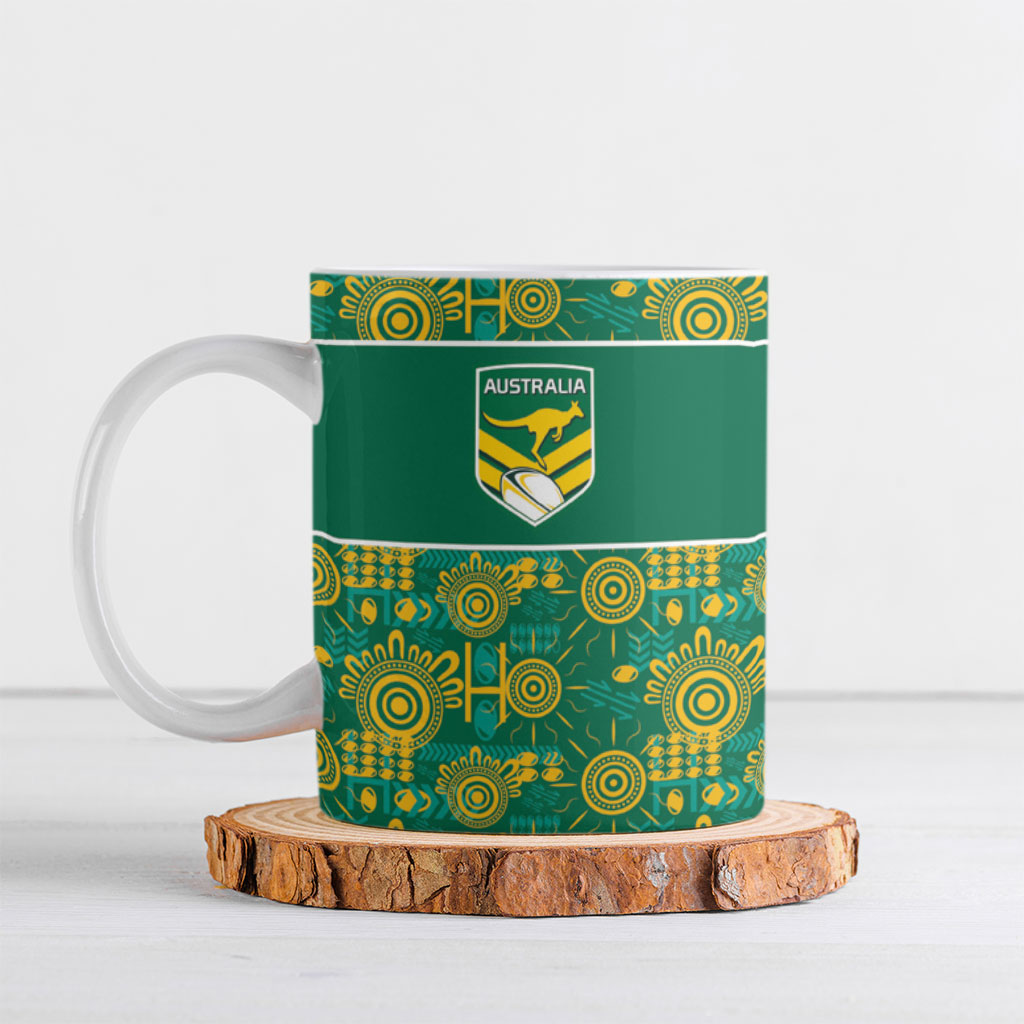 Australia Rugby Kangaroo Ceramic Mug Green Gold Aboriginal Dot Geometry