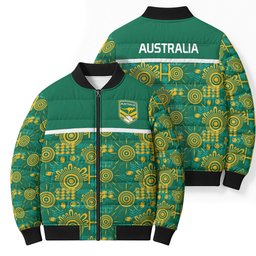 Australia Rugby Kangaroo Bomber Puffer Jacket Green Gold Aboriginal Dot Geometry