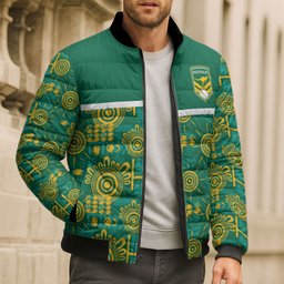 Australia Rugby Kangaroo Bomber Puffer Jacket Green Gold Aboriginal Dot Geometry