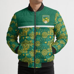 Australia Rugby Kangaroo Bomber Puffer Jacket Green Gold Aboriginal Dot Geometry