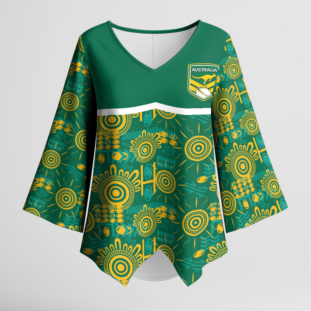 Australia Rugby Kangaroo Kimono Sleeve Blouse Green Gold Aboriginal Dot Geometry