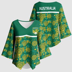 Australia Rugby Kangaroo Kimono Sleeve Blouse Green Gold Aboriginal Dot Geometry