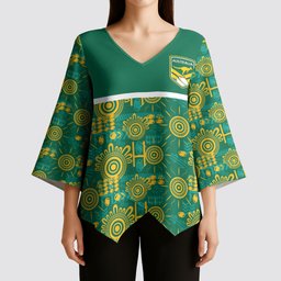 Australia Rugby Kangaroo Kimono Sleeve Blouse Green Gold Aboriginal Dot Geometry
